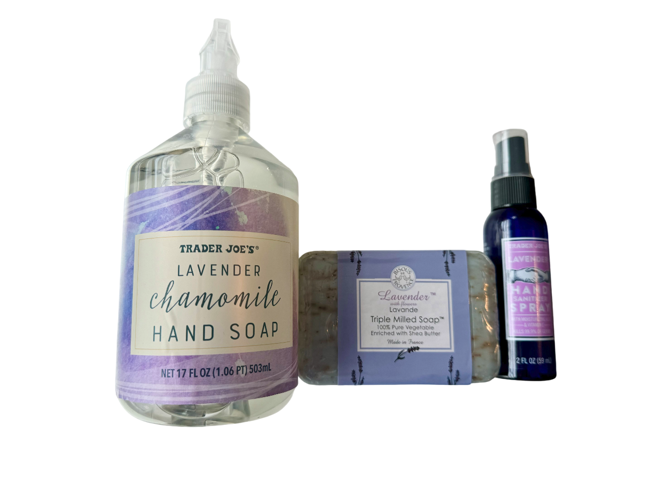 Trader Joe's Lavender Soap and Sanitizer Set (Hand Soap, Bar Soap, Sanitizer Spray)