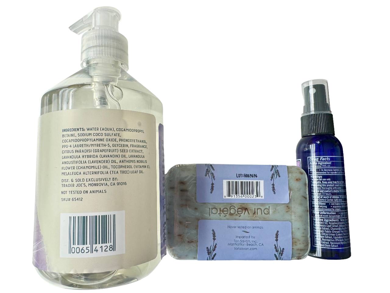 Trader Joe's Lavender Soap and Sanitizer Set (Hand Soap, Bar Soap, Sanitizer Spray)